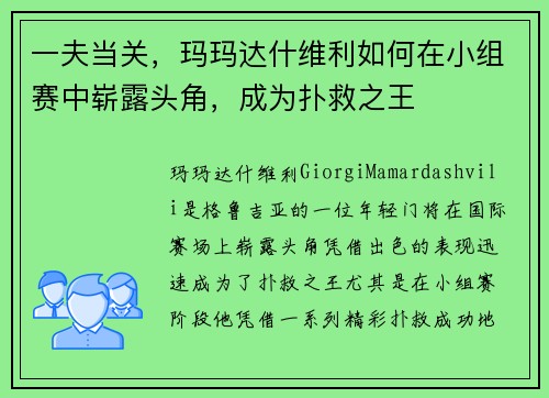 一夫当关，玛玛达什维利如何在小组赛中崭露头角，成为扑救之王