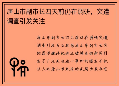 唐山市副市长四天前仍在调研，突遭调查引发关注