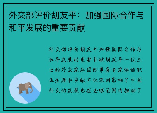 外交部评价胡友平：加强国际合作与和平发展的重要贡献