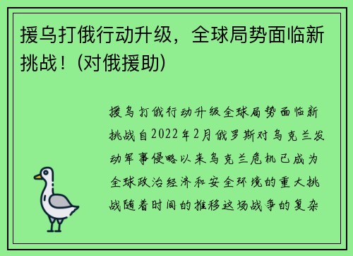 援乌打俄行动升级，全球局势面临新挑战！(对俄援助)